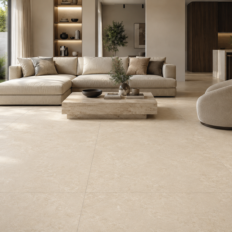 Keramisch natuursteen Keramische natuursteenlook tegel beige 100x100 cm | Grote vloertegel voor woonkamer