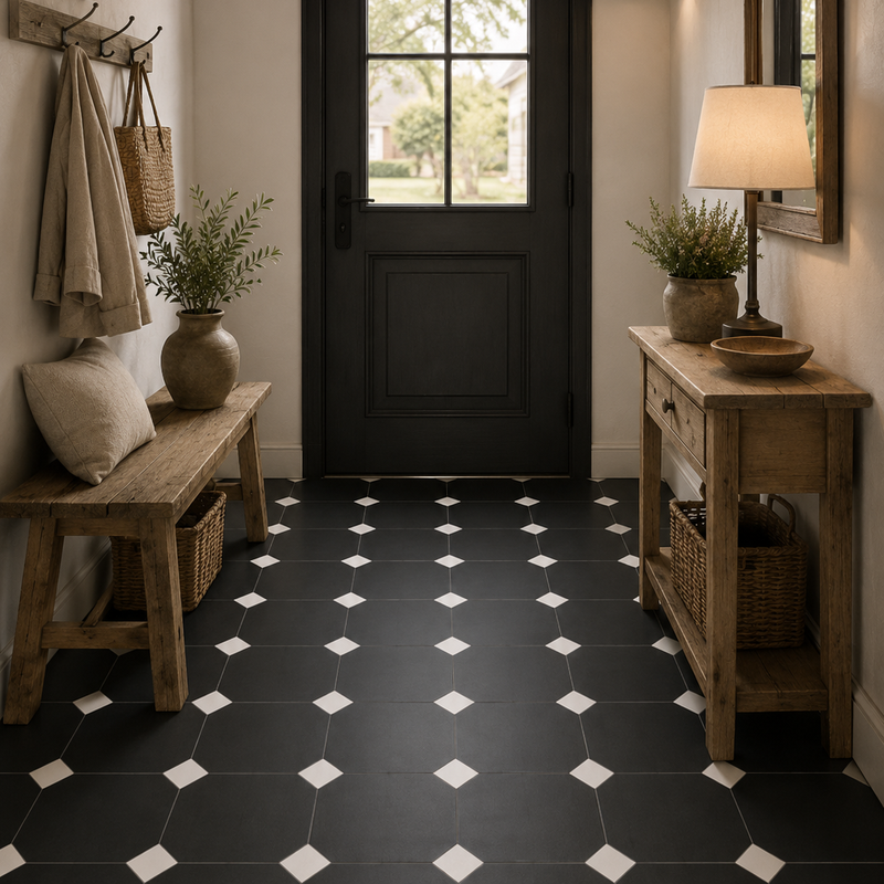 Patroontegels Carrelage octogonal noir 20x20 avec cabochon blanc