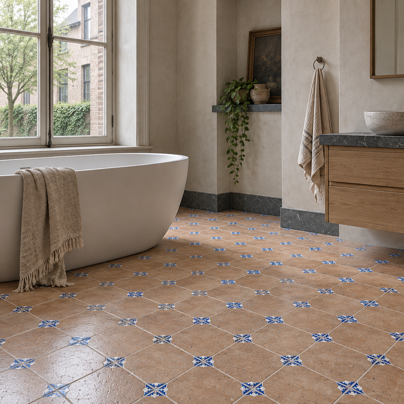 Keramisch cotto Keramische tegel met blauw hoekmotief 22,5 × 22,5 cm