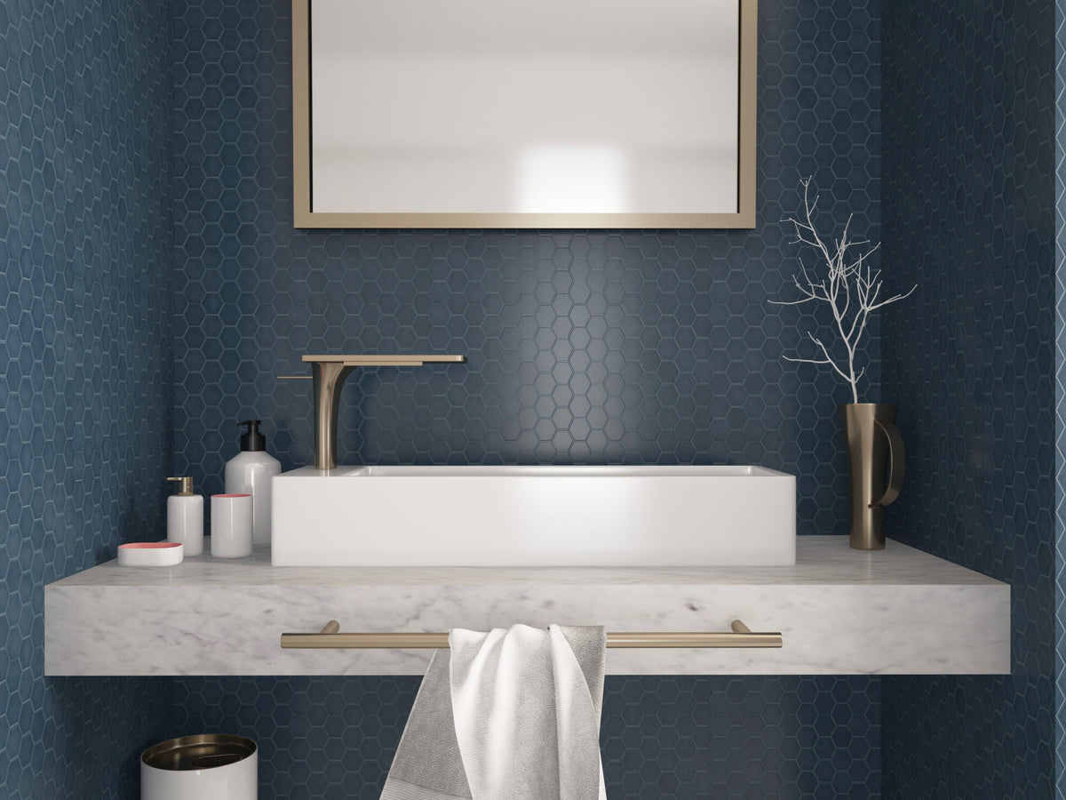 Sixties Bleu mat – mosaïque en verre hexagonale 50 x 44 mm