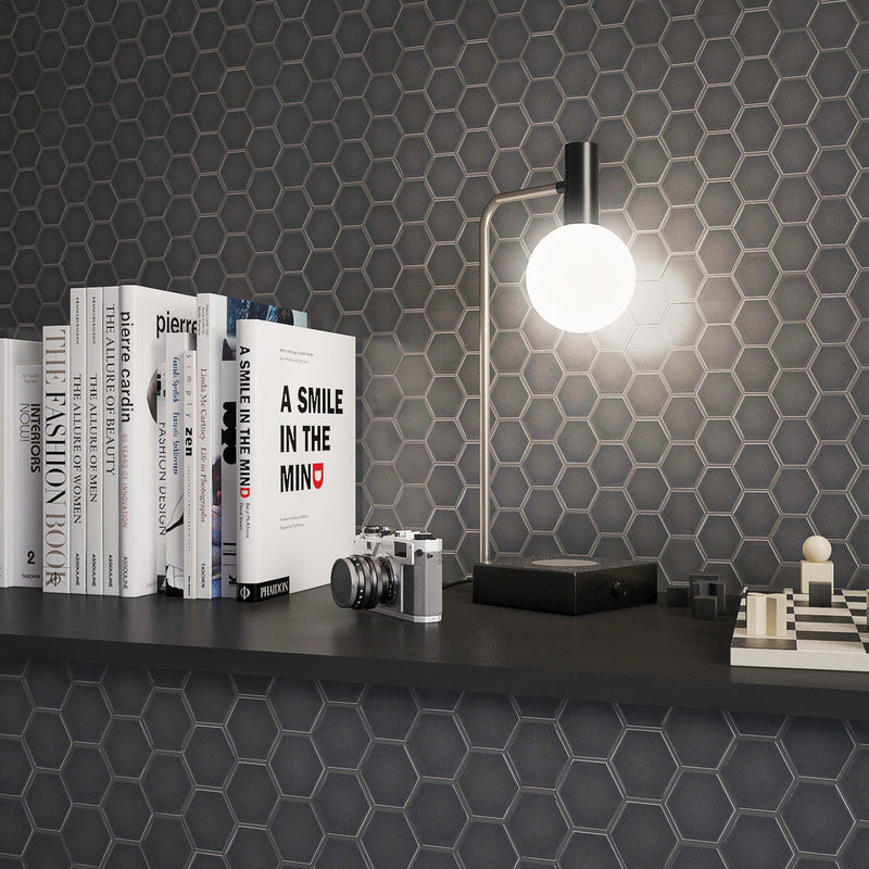 Glasmozaïek Sixties Zwart mat – hexagonale glasmozaïek 50 x 44 mm