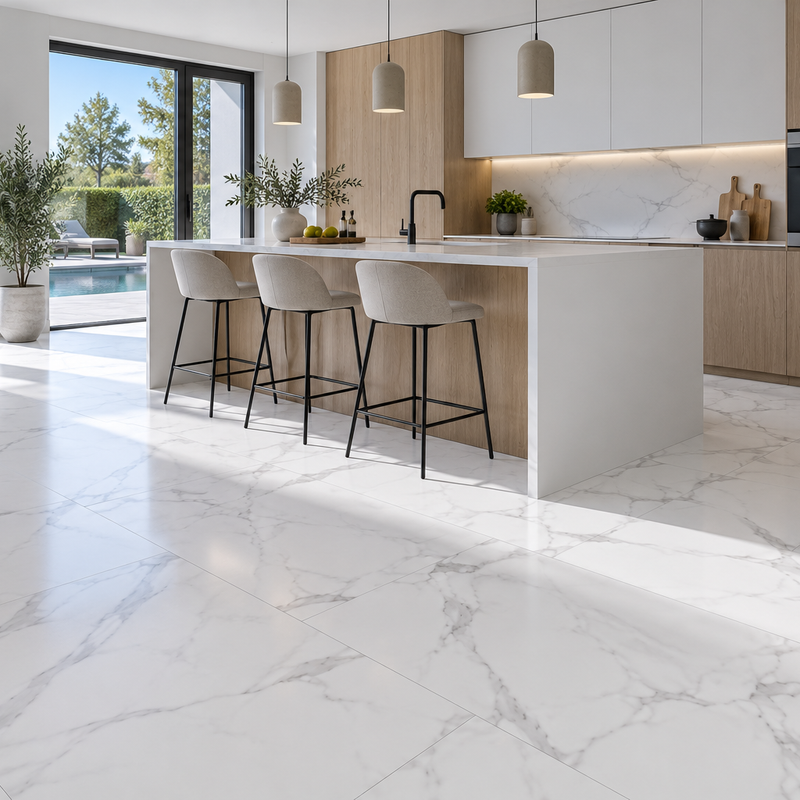 Spc vloertegels MEGA TILES White Marble – SPC klikvloertegels met microvelling 60 × 120 cm