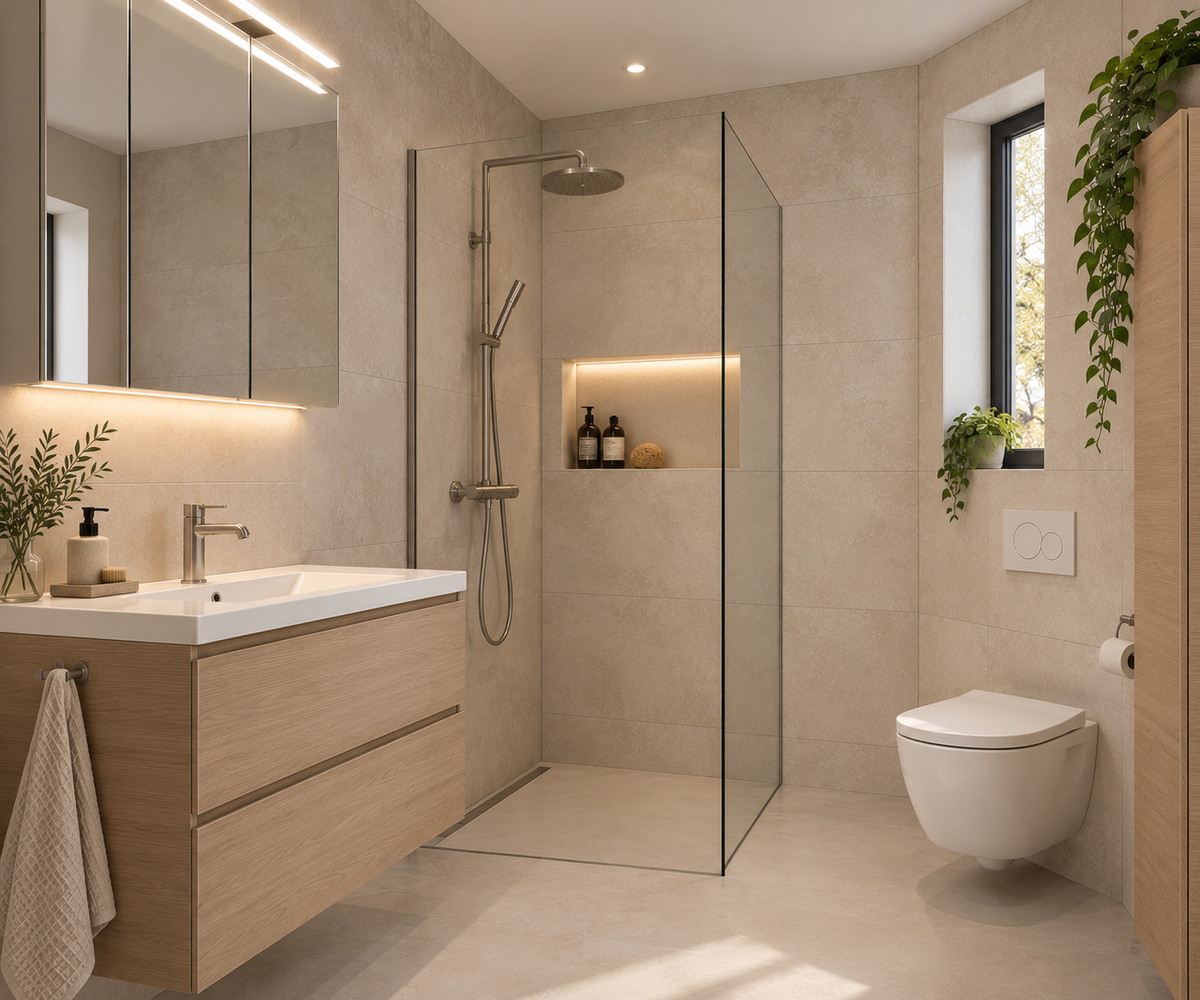 Beige Limestone SPC wandpanelen 45x90 cm horizontaal geplaatst in moderne badkamer met glazen inloopdouche, houten wastafelmeubel en hangtoilet.