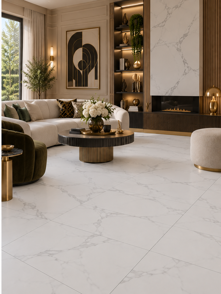 Spc vloertegels MEGA TILES White Marble – SPC klikvloertegels met voeg 60 × 120 cm