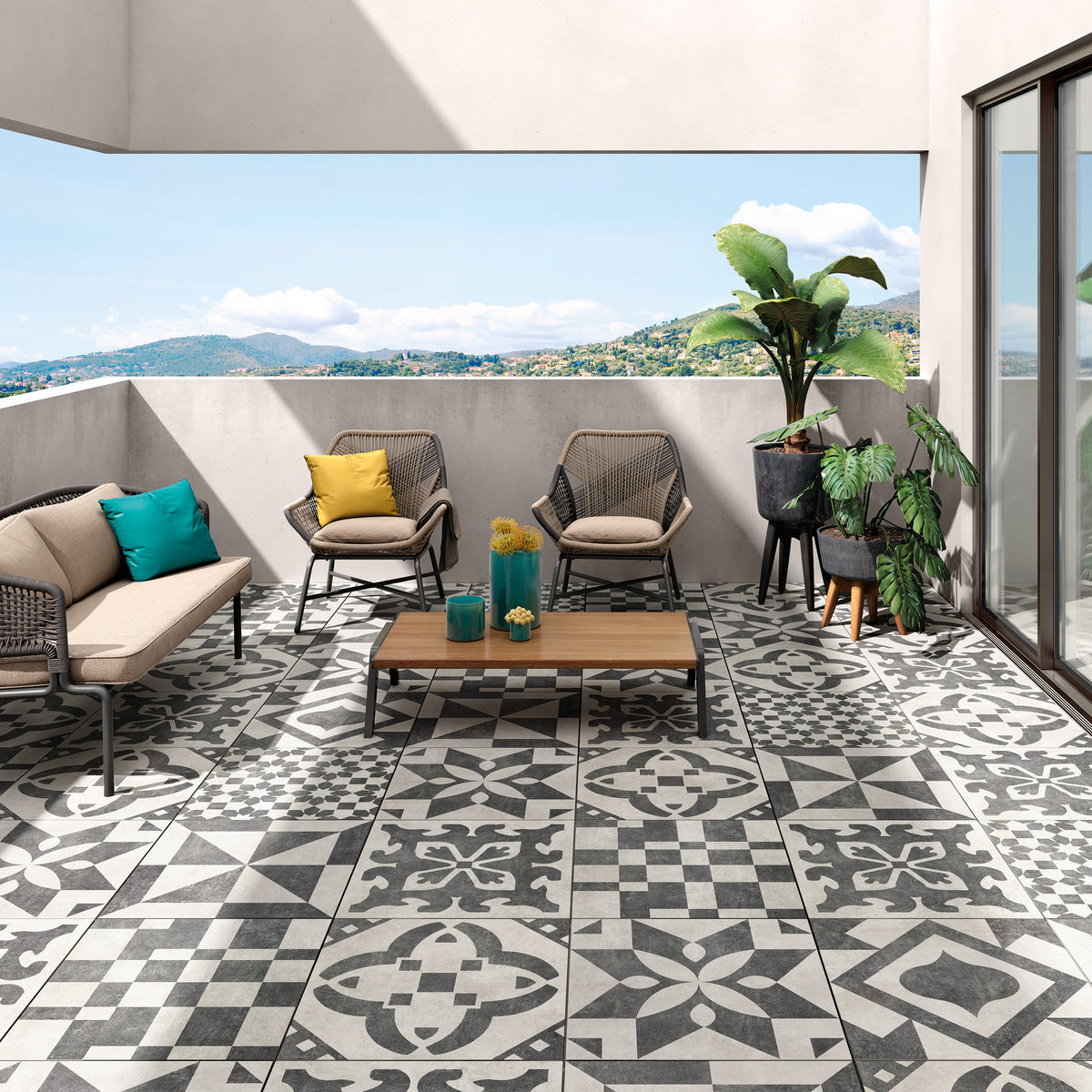 Carrelage-céramique-terrasse-carreaux-de-ciment Carrelage pour terrasse - Carrelage à motif 60 x 60 x 2 cm